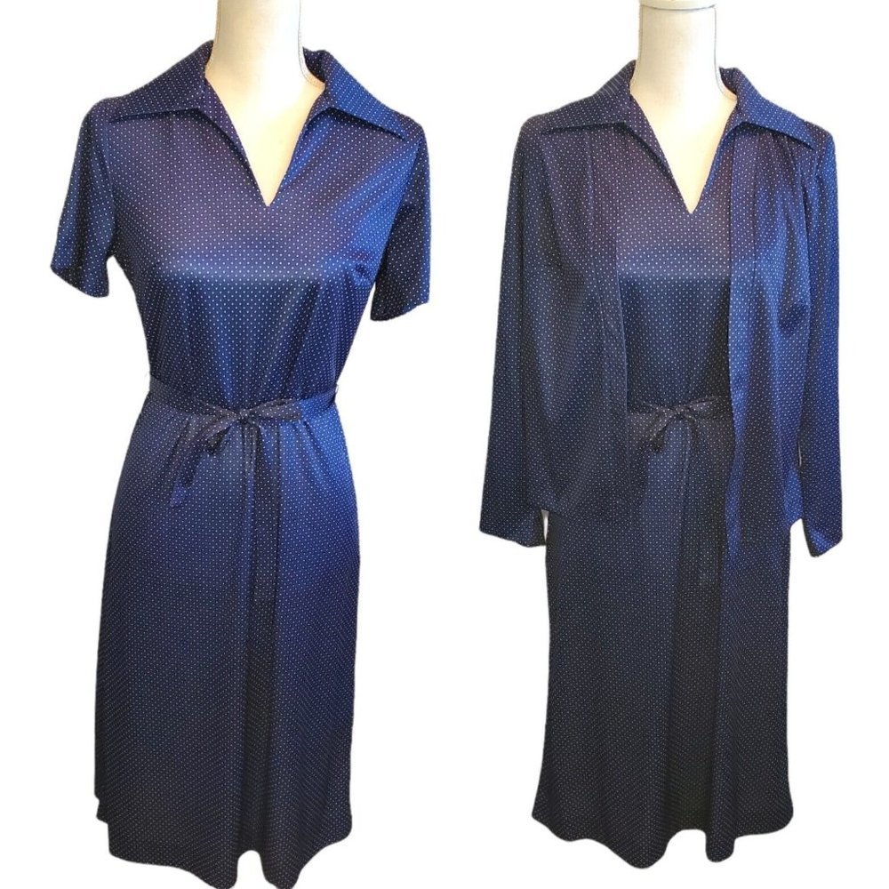 Vintage 70s 80s Womens Polka‎ Dot Blue 2 Pc Sheath Dress Midi Small 4/6/8